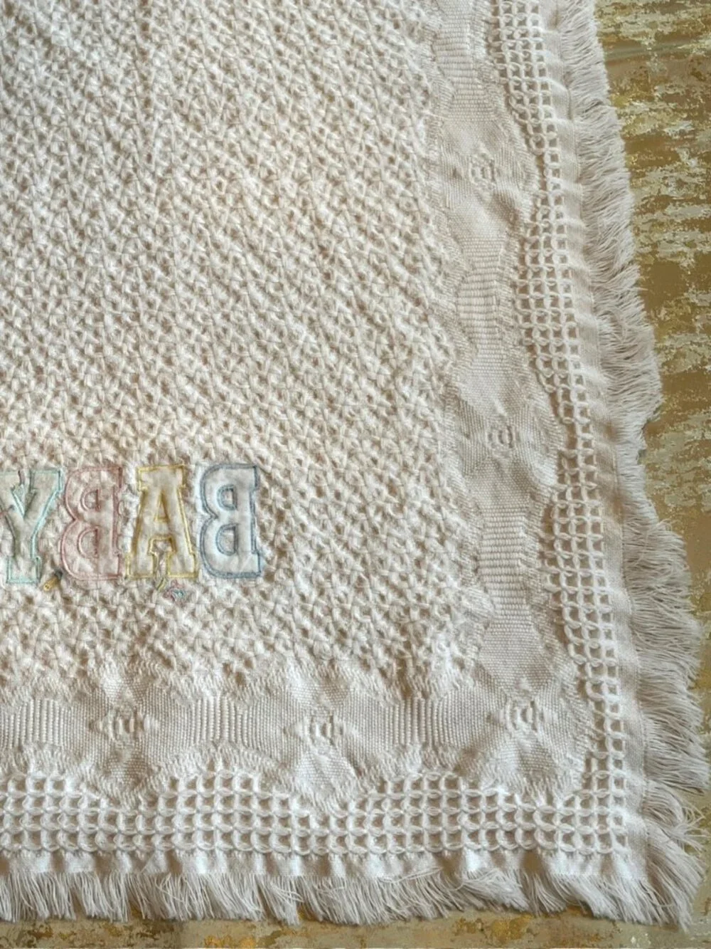 Bright Future Baby Blanket White Fringe Woven Textured Acrylic 33x47 Korea